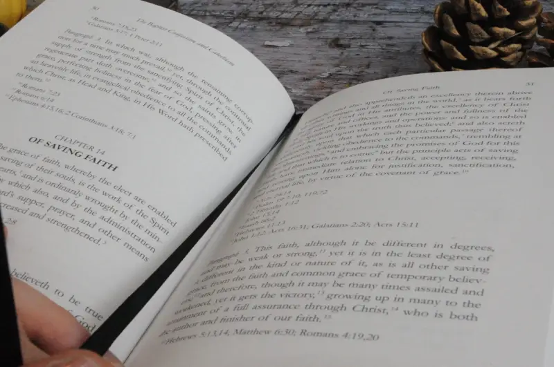 An open copy of the Baptist Confession of Faith and Catechism